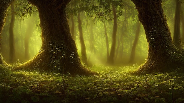 Fantasy fairytale magical forest sunny evening light through the branches of trees Magical trees in a wooded area Haze at sunset plants moss and grass in the forest 3d illustration