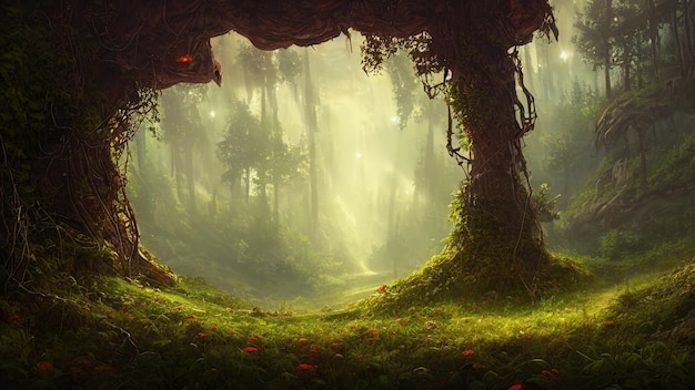 fantasy fairytale magical forest sunny evening light through the branches of trees magical trees in a wooded area haze at sunset plants moss and grass in the forest 3d illustration