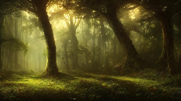 Fantasy fairytale magical forest sunny evening light through the branches of trees Magical trees in a wooded area Haze at sunset plants moss and grass in the forest 3d illustration