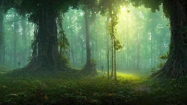 Fantasy fairytale magical forest sunny evening light through\
the branches of trees magical trees in a wooded area haze at sunset\
plants moss and grass in the forest 3d illustration