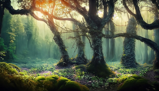 Фэнтези сказочный волшебный лес солнечный вечерний свет сквозь ветви деревьев волшебные деревья