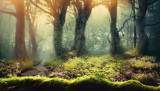 Fantasy fairytale magical forest sunny evening light through the branches of trees magical trees