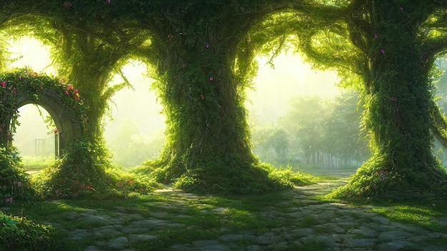 Фантастический сказочный портал в лесу солнечный вечерний свет сквозь ветви деревьев Волшебный портал в лесистой местности Дымка на закате растения мох и трава в лесу 3d иллюстрация
