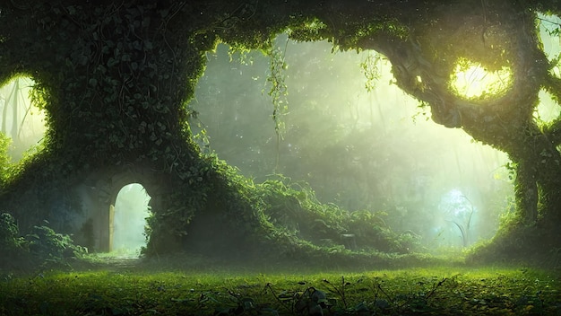 Fantasy fairytale portal in forest sunny evening light through\
the branches of trees magical portal in a wooded area haze at\
sunset plants moss and grass in the forest 3d illustration