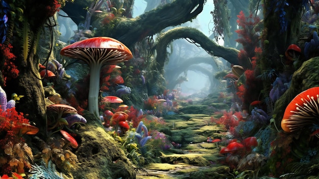 Фантастический фантастический лес с грибами и деревьями