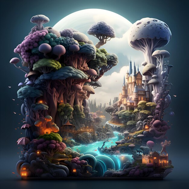 Photo fantasy fantasy landscape with castle and magic mushrooms 3d illustration