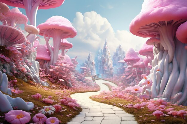 Fantasy fantasy landscape with path and mushrooms 3D illustration