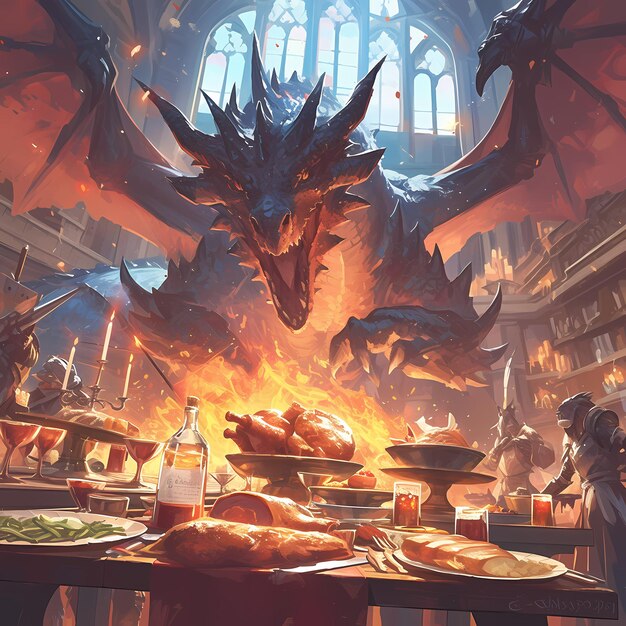 Fantasy Feast in Enchanted Castle Epic Fantasy Stock Image