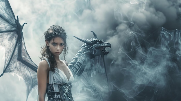 Photo fantasy female caucasian warrior wearing normal clothes dark hair surrounded by smoke dragon flying behind her