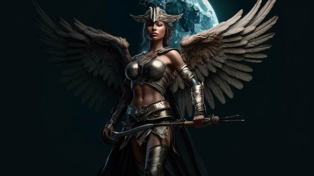 Фантастическая женщина-воин с мечом и крыльями