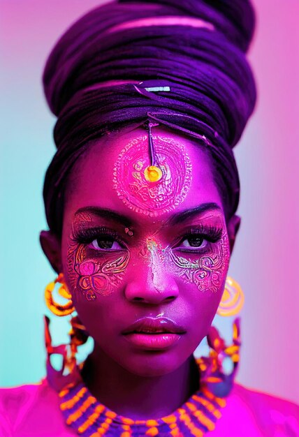 Fantasy fictional beauty fashionable ebony woman with purple makeup Creative beautiful girl