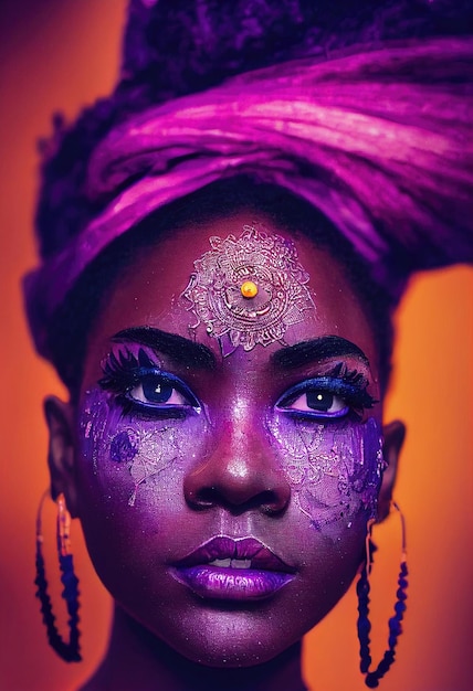 Fantasy fictional beauty fashionable ebony woman with purple makeup Creative beautiful girl