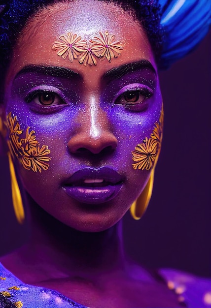 Fantasia immaginaria bellezza alla moda ebano donna con trucco viola bella ragazza creativa