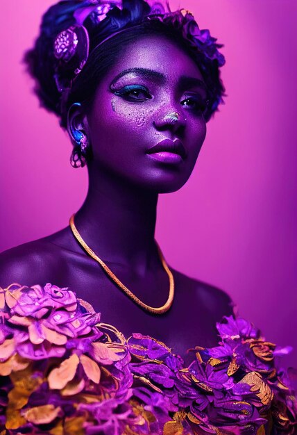 Fantasy fictional beauty fashionable ebony woman with purple makeup creative beautiful girl