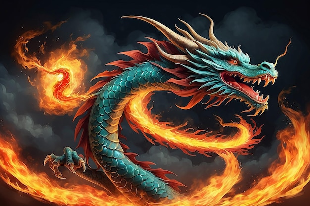 Fantasy fire breathing chinese flying dragon illustration with hieroglyph means dragon