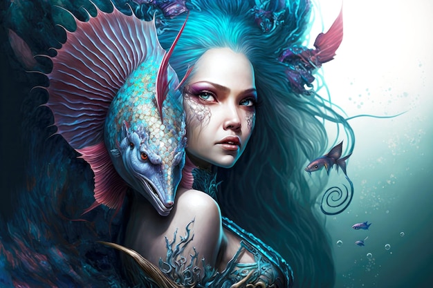 Fantasy fish with fins woman who is half human and half mermaid
