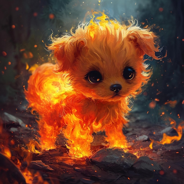 Fantasy flame realm cute cat and puppy