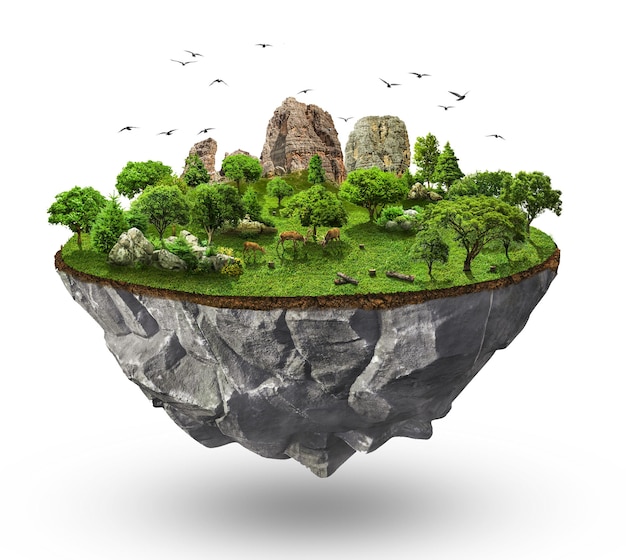 fantasy floating island with mountains, trees, and animals on green grass isolated with clouds. 3d