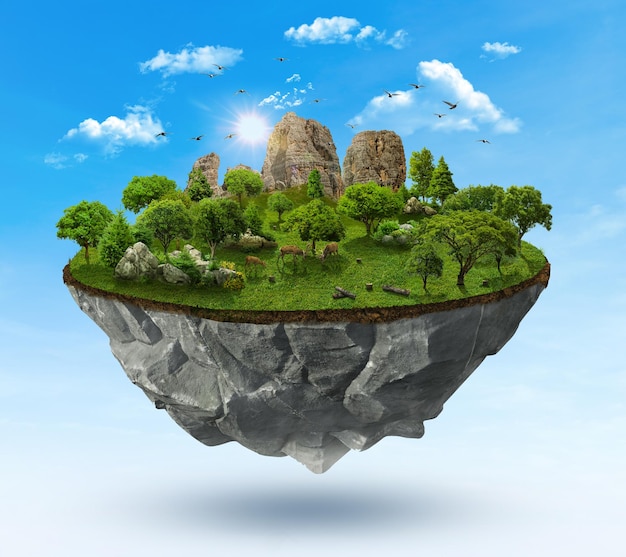 fantasy floating island with mountains, trees, and animals on green grass isolated with clouds.