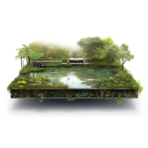 fantasy floating slice of land with natural grass and mountains water oceanfantasy floating island