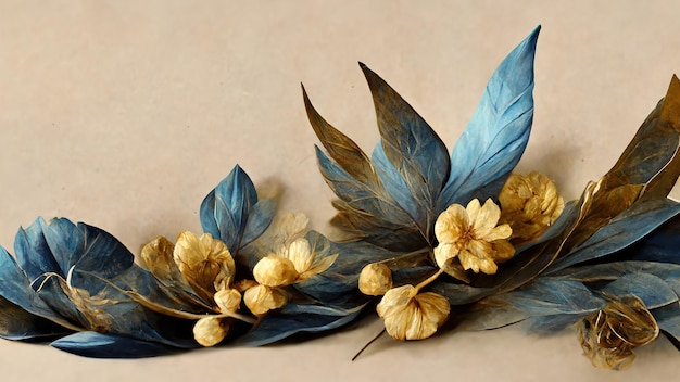 ファンタジー フローラ エレガントな青い花と黄金の葉と小枝 3 D レンダリング ラスター図