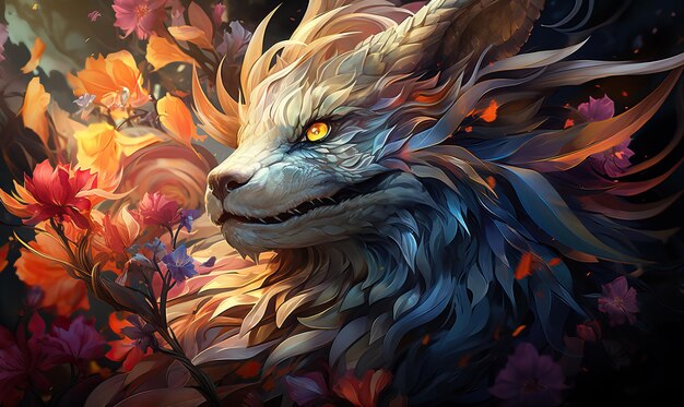 Fantasy floral dragon on a colorful floral background