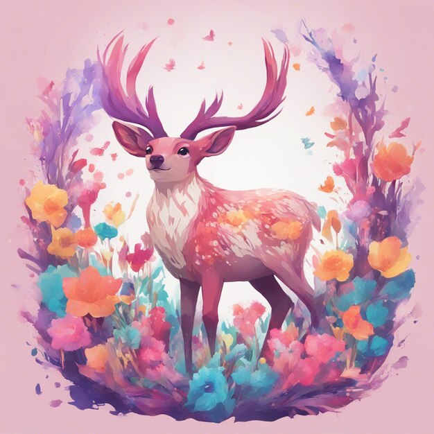 Fantasy flowers splash with cute dear t shirt design art