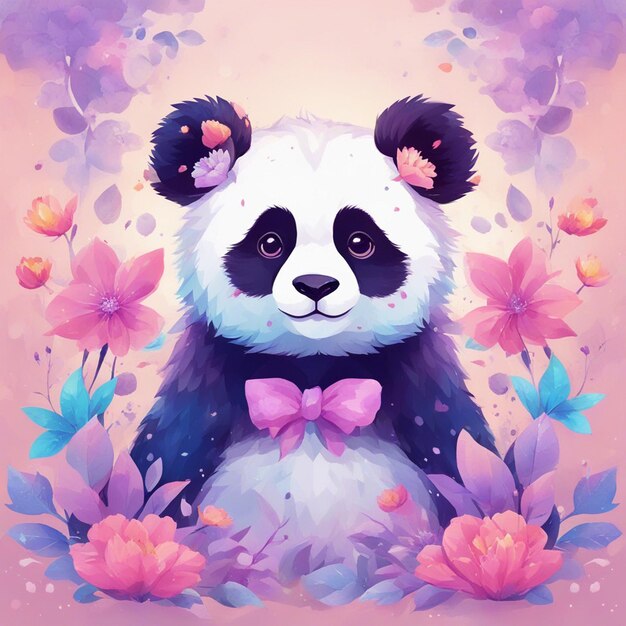 Photo fantasy flowers splash with cute panda t shirt design art