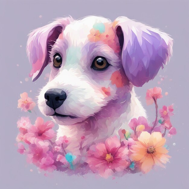 Fantasy flowers splash with cute puppy cartoon character tshirt design art