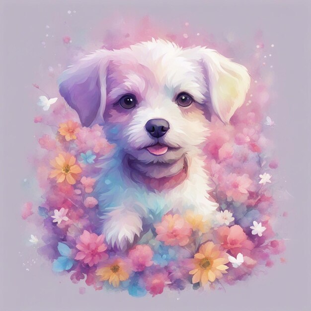 Fantasy flowers splash with cute puppy cartoon character tshirt design art