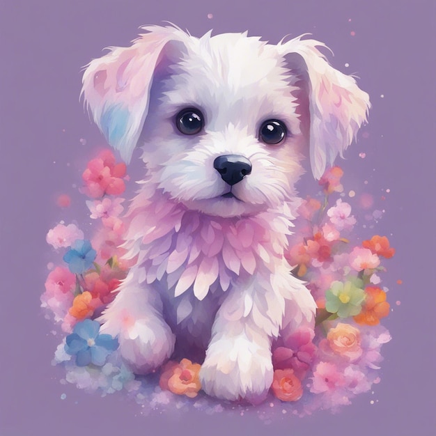 Fantasy flowers splash with cute puppy cartoon character tshirt design art