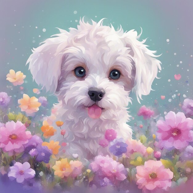 Fantasy flowers splash with cute puppy cartoon character tshirt design art