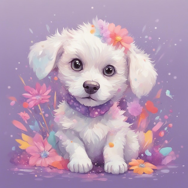 Fantasy flowers splash with cute puppy cartoon character tshirt design art