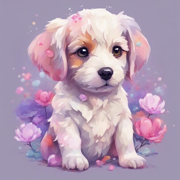 Fantasy flowers splash with cute puppy cartoon character tshirt design art