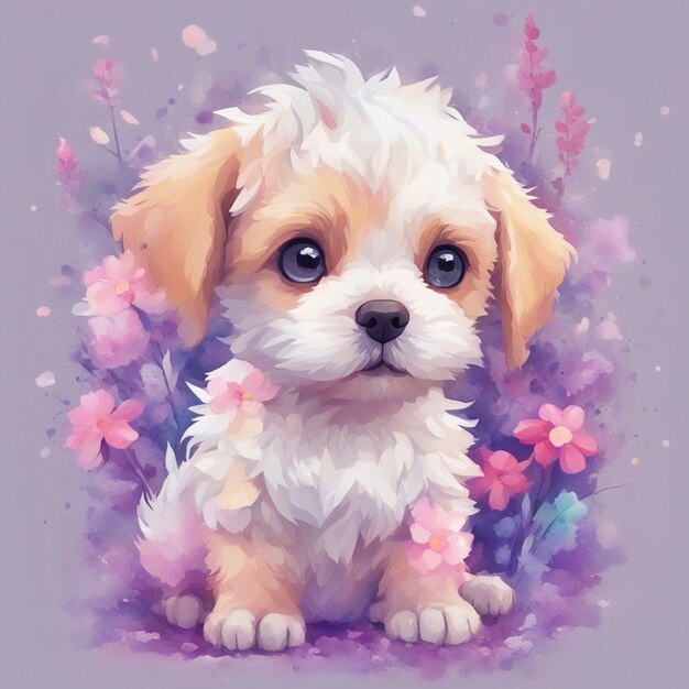 Fantasy flowers splash with cute puppy cartoon character tshirt design art