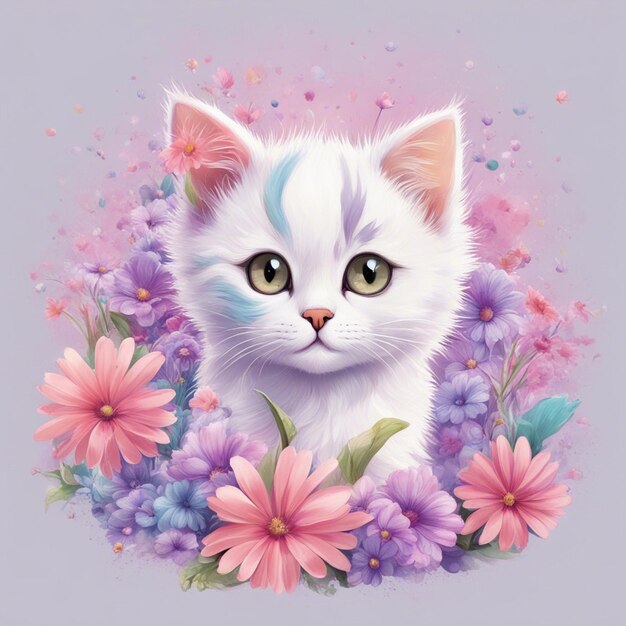 Fantasy flowers splash with modern cat cartoon character tshirt design art