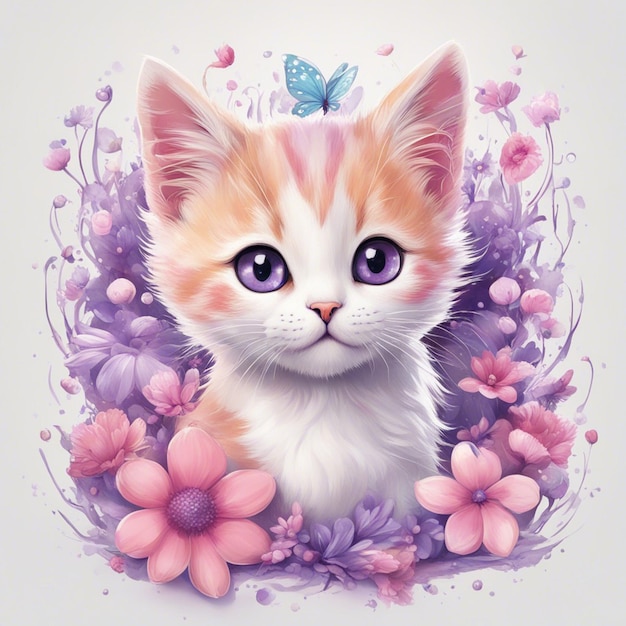 Fantasy flowers splash with modern cat cartoon character tshirt design art