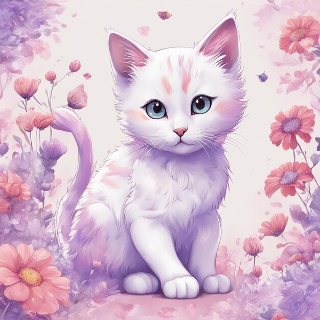 Fantasy flowers splash with modern cat cartoon character tshirt design art