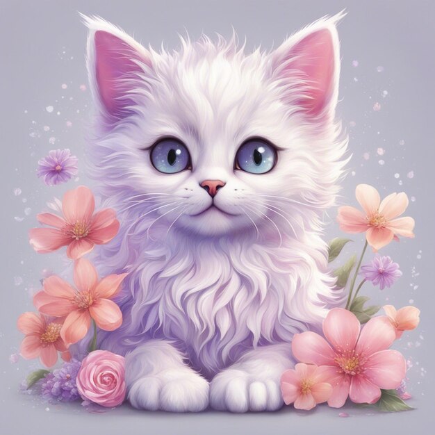 Fantasy flowers splash with modern cat cartoon character tshirt design art