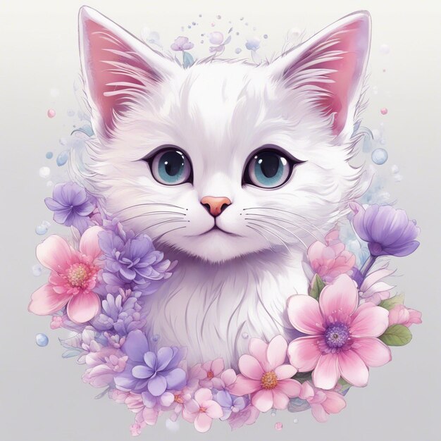 Fantasy flowers splash with modern cat cartoon character tshirt design art