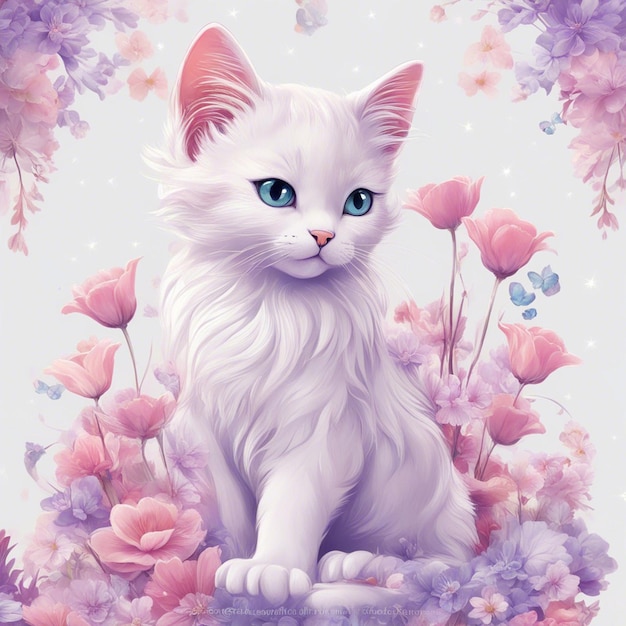 Фото Фэнтезийные цветы всплеск с современным котом мультипликационный персонаж дизайн футболки искусство