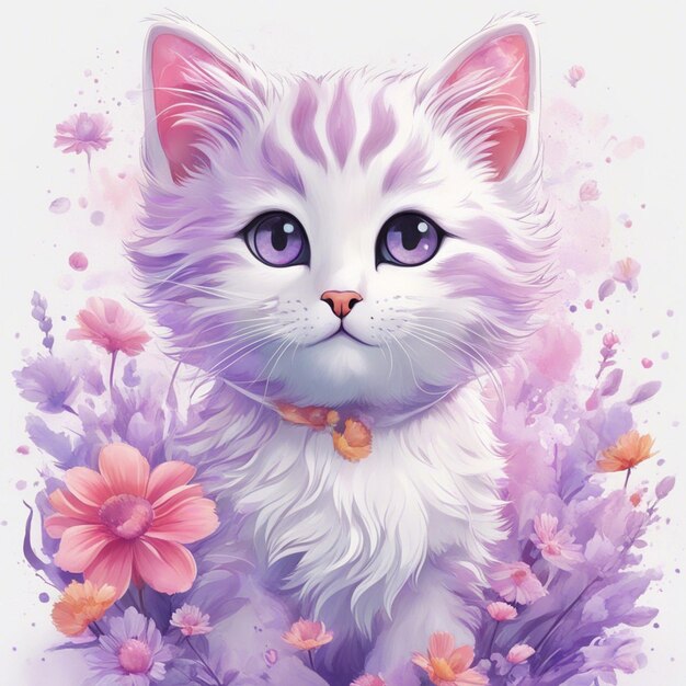 Fantasy flowers splash with modern cat cartoon character tshirt design art