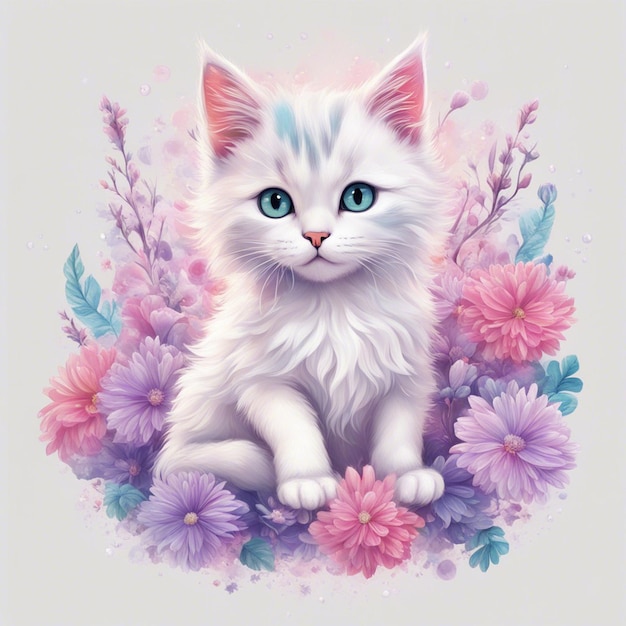 Fantasy flowers splash with modern cat cartoon character tshirt design art
