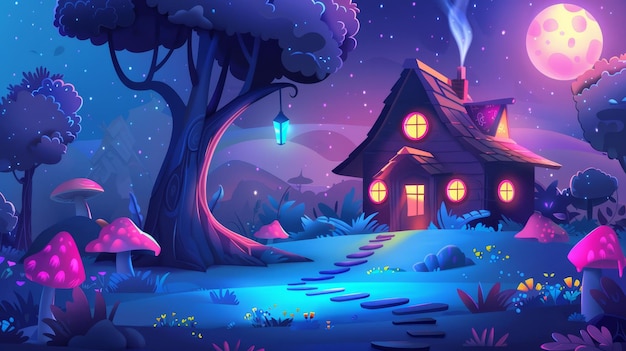 Фантастический лес на фоне мультфильма с ночным сказочным домом Неонный свет в окне Волшебное дерево в фантастическом пейзаже с грибами и тропой Джунгли коттедж дома сцена для приключений детской феи
