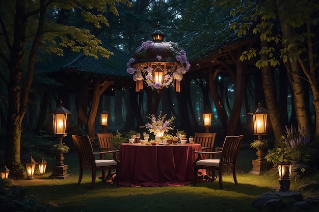 写真 ファンタジーの森のダイニング エルフの魔法の木と幻想的な光る食べ物