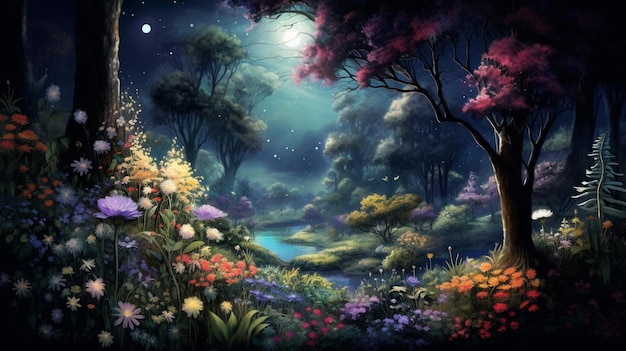 숲의 판타지 동화 배경 밤에 다채로운 나무와 꽃 꿈꾸는 풍경