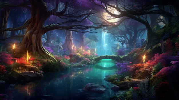 ファンタジーの森おとぎ話の背景、カラフルな照明のある森、夢のような風景シーン