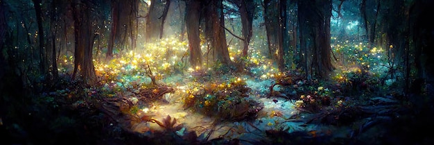 Photo fantasy forest floor, trees, nature, green, light. forest landscape. digital illustration