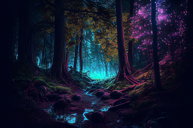 Fantasy forest landscape neon colors magical lights in the forest Generative ai