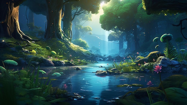 the fantasy forest morning by the riverside with fantastic realistic and futuristic style